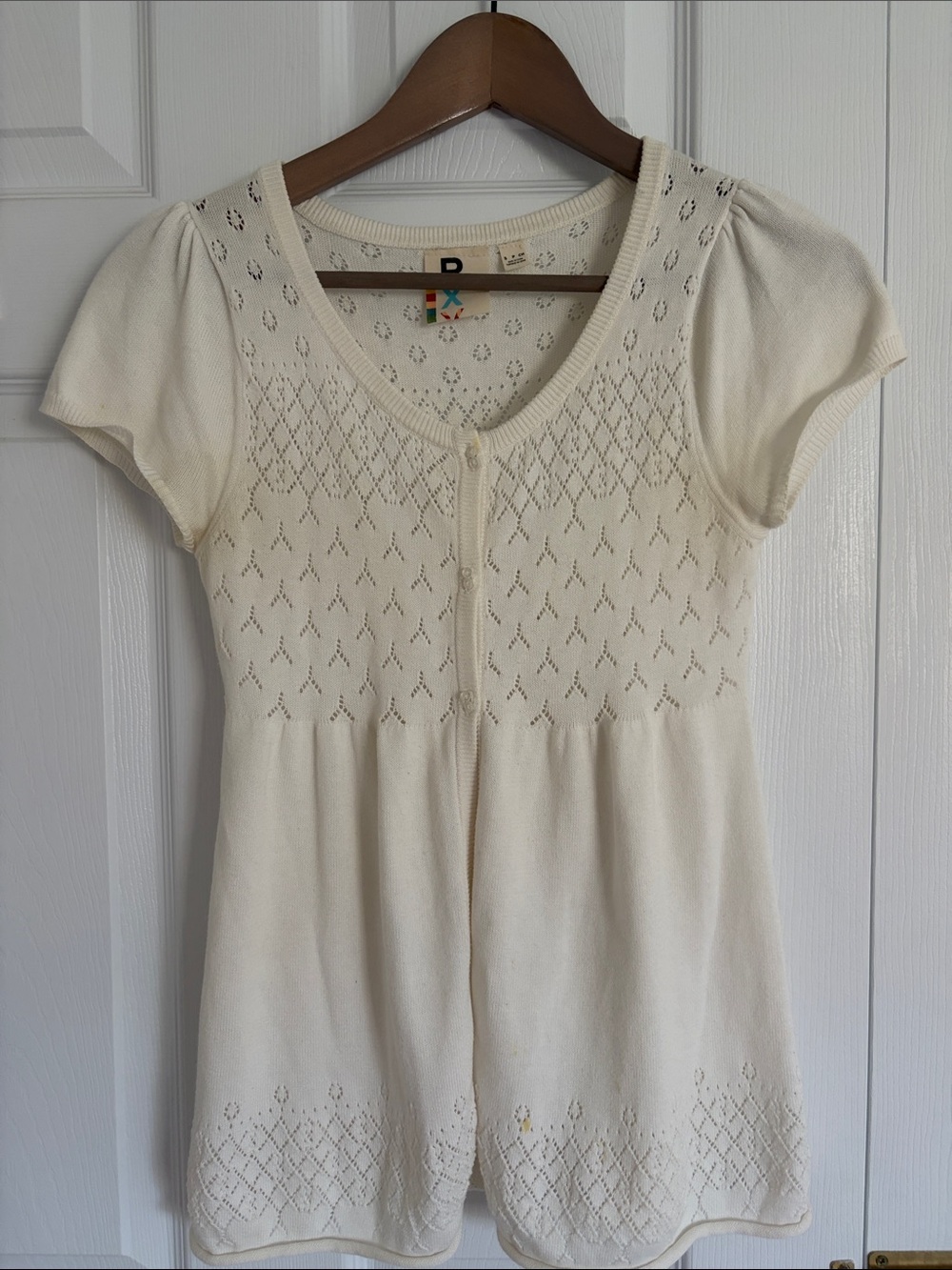Women's White Cream Short Sleeve Knit Top - Lightweight Eyelet Detail